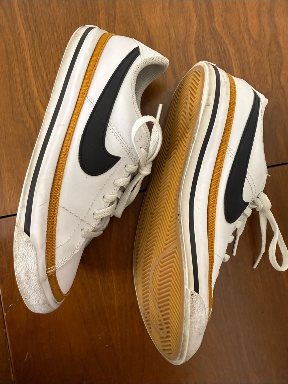 {5Y} Nike Court Legacy White Black & Gold Low-Top Sneakers